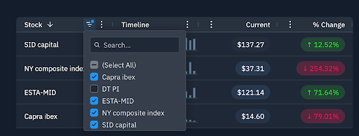 Spreadsheet showing search and filter capabilities on sample financial data