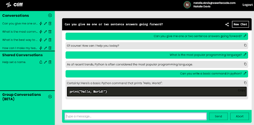 Cliff interface giving short answers and Python code snippets