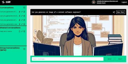 Cliff-generated image of a woman sitting between two monitors, a whiteboard, and some books