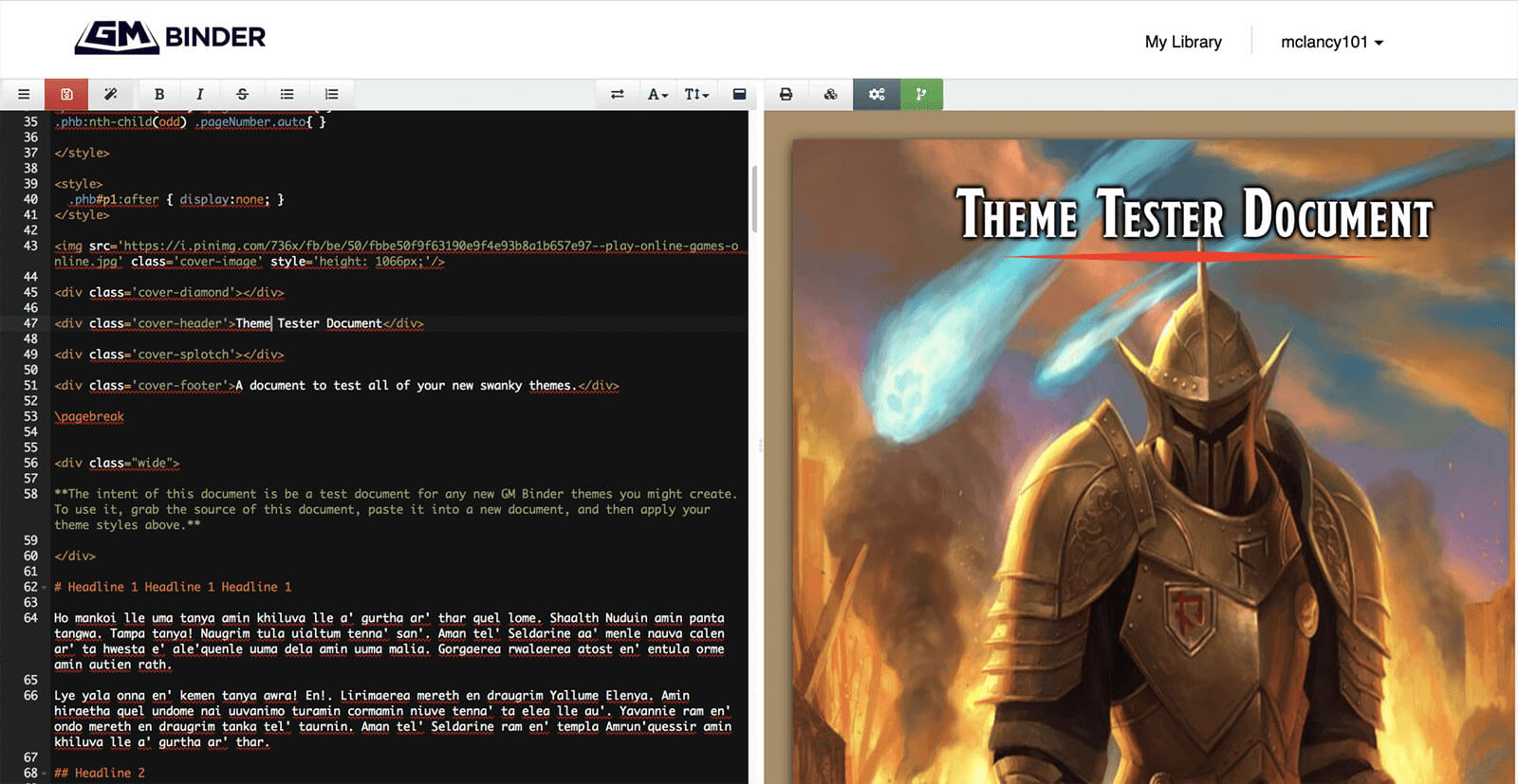 The Markdown editor and document preview within GM Binder