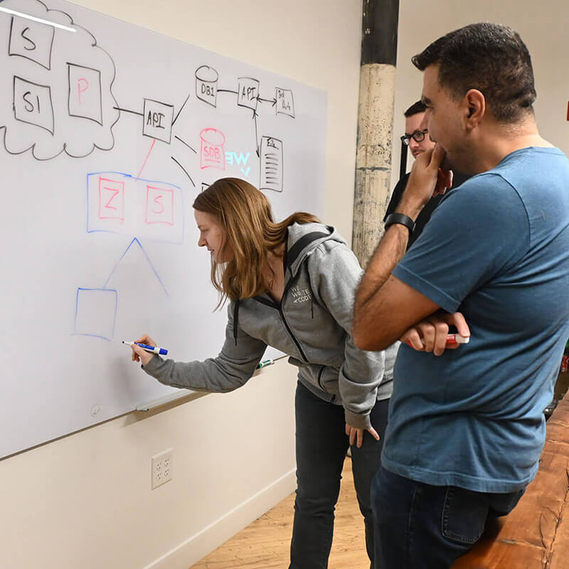 Woman drawing a diagram on a whiteboard for her teammates