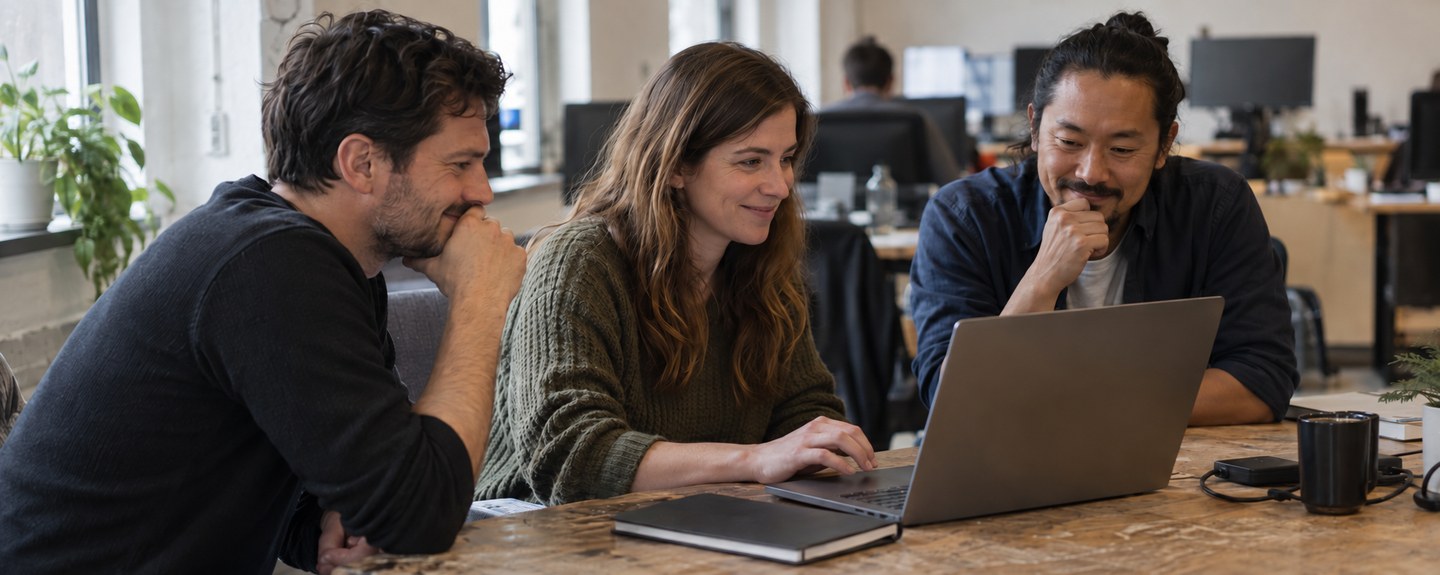 Three colleagues looking at a laptop together at a shared office table